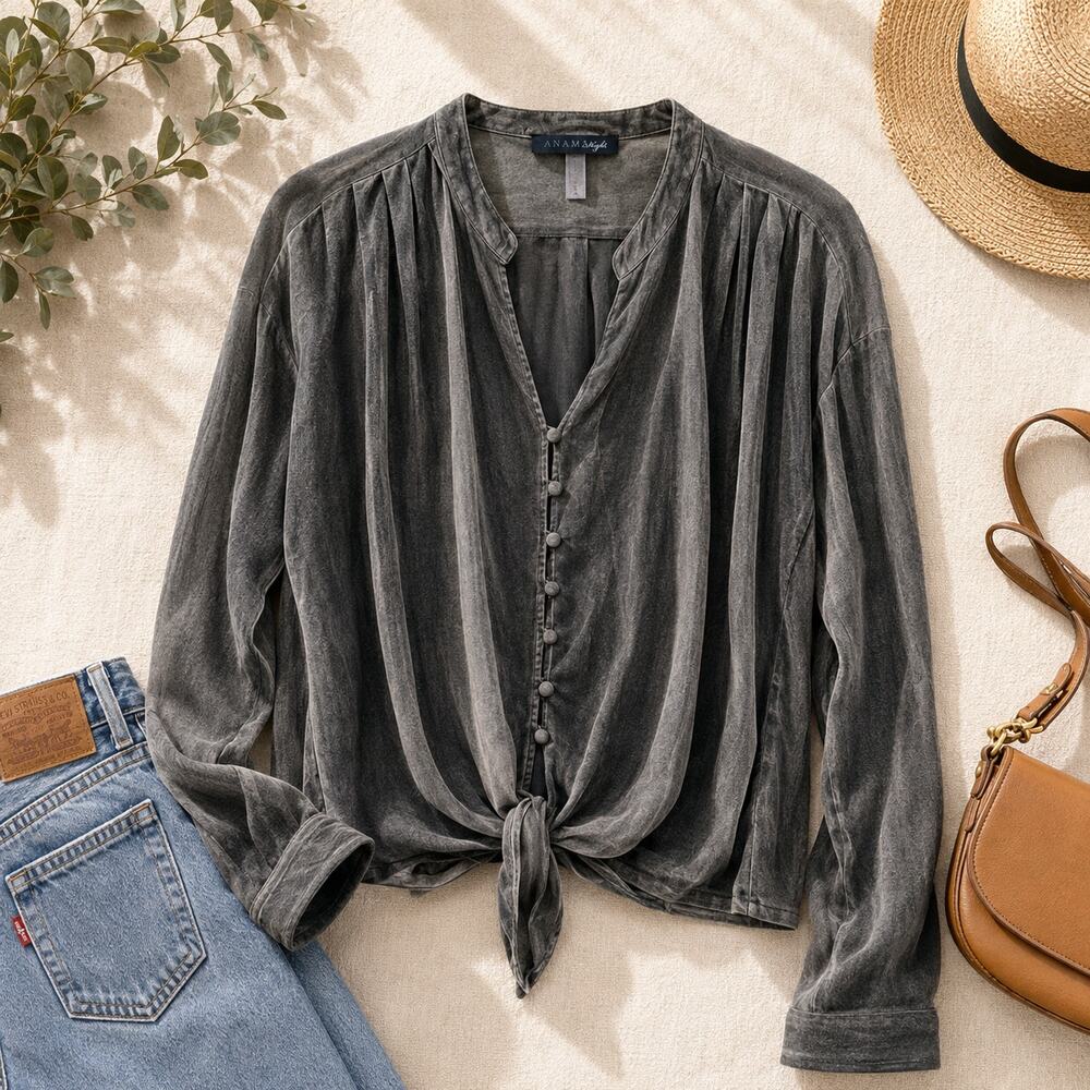 Anama Night Top Medium Gray Sheer Button Front Tie Hem Long Sleeve Blouse